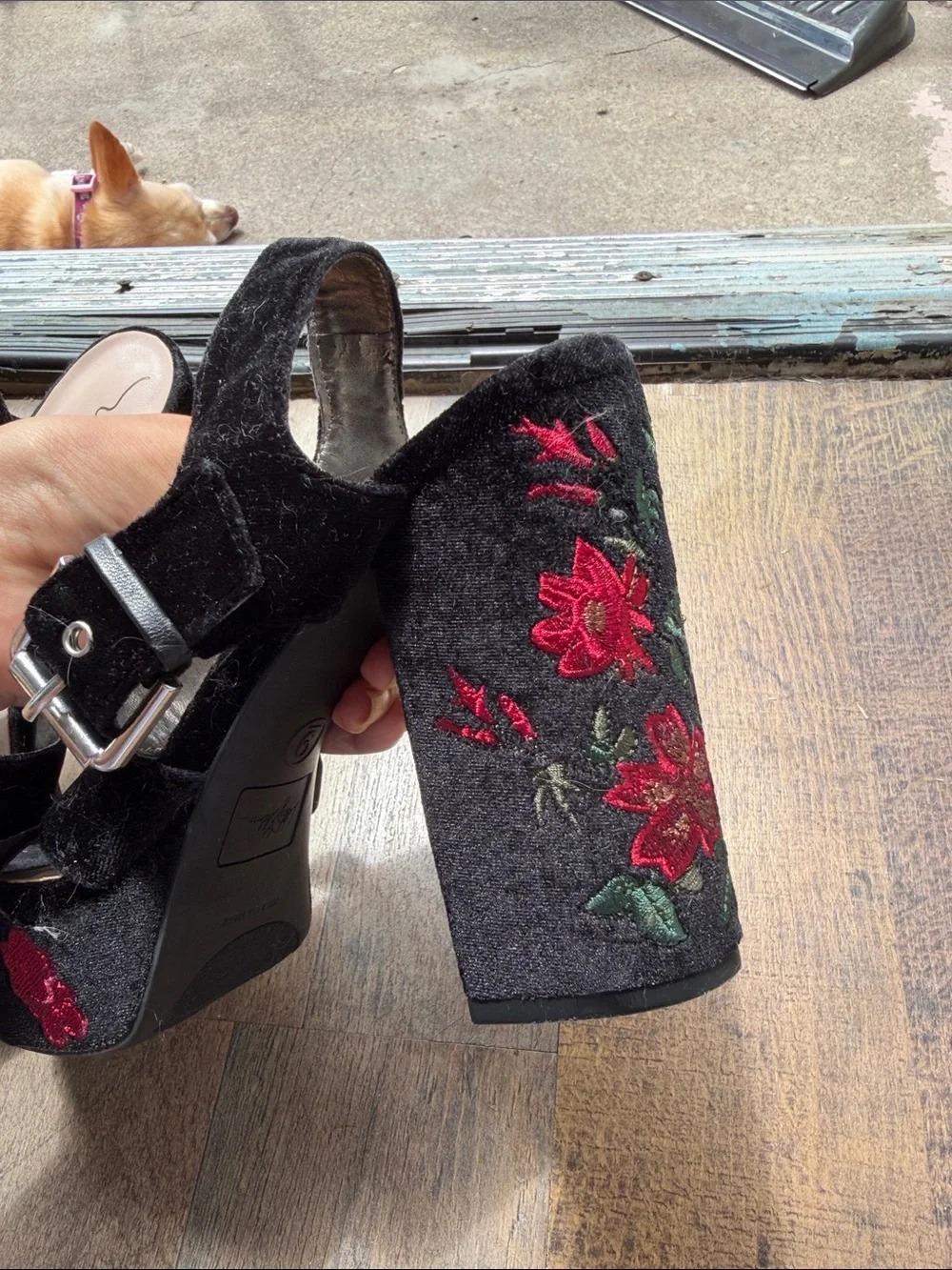 Lily Edelman Black Velvet Platform Sandals with Red Rose Embroidery